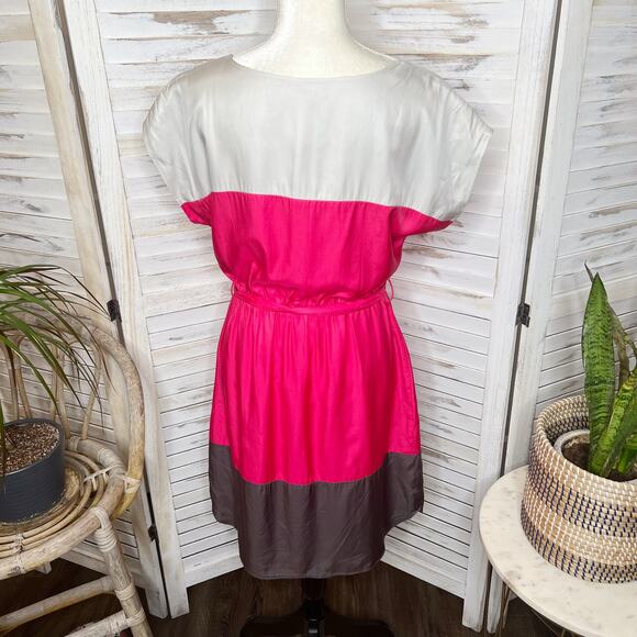 BODEN Women's Color Block Shift Dress Silk Viscose Taupe Pink Chocolate Belted 8 - Picture 5 of 13